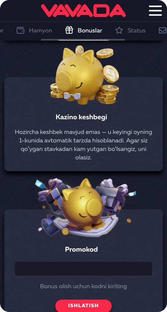Ilovadagi bonuslar va aksiyalar