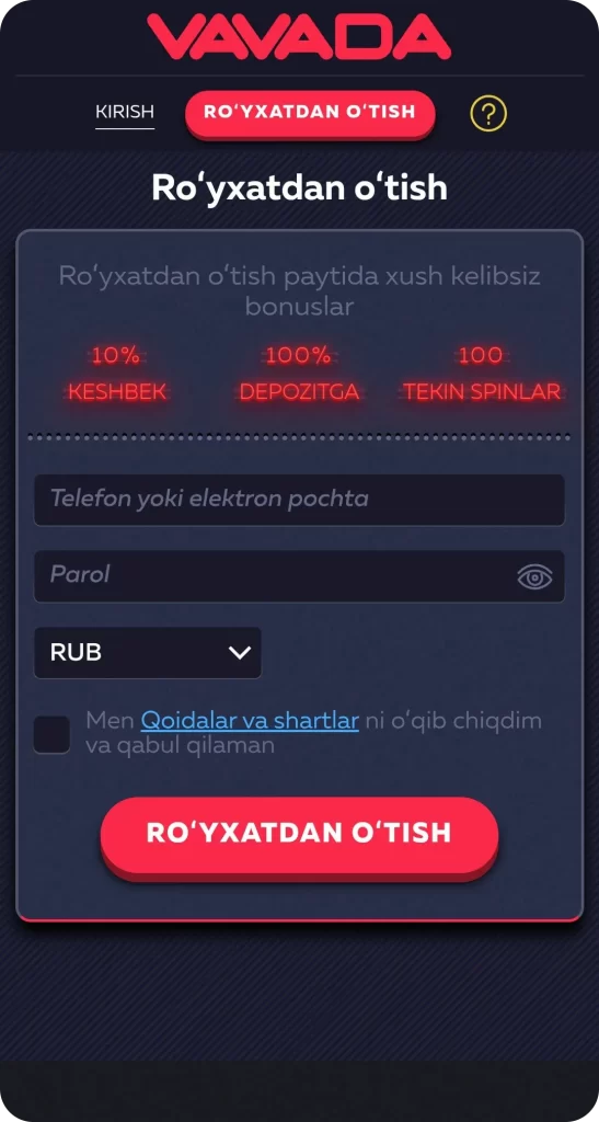 Vavada UZ ilovasida ro'yxatdan o'tish va tizimga kirish
